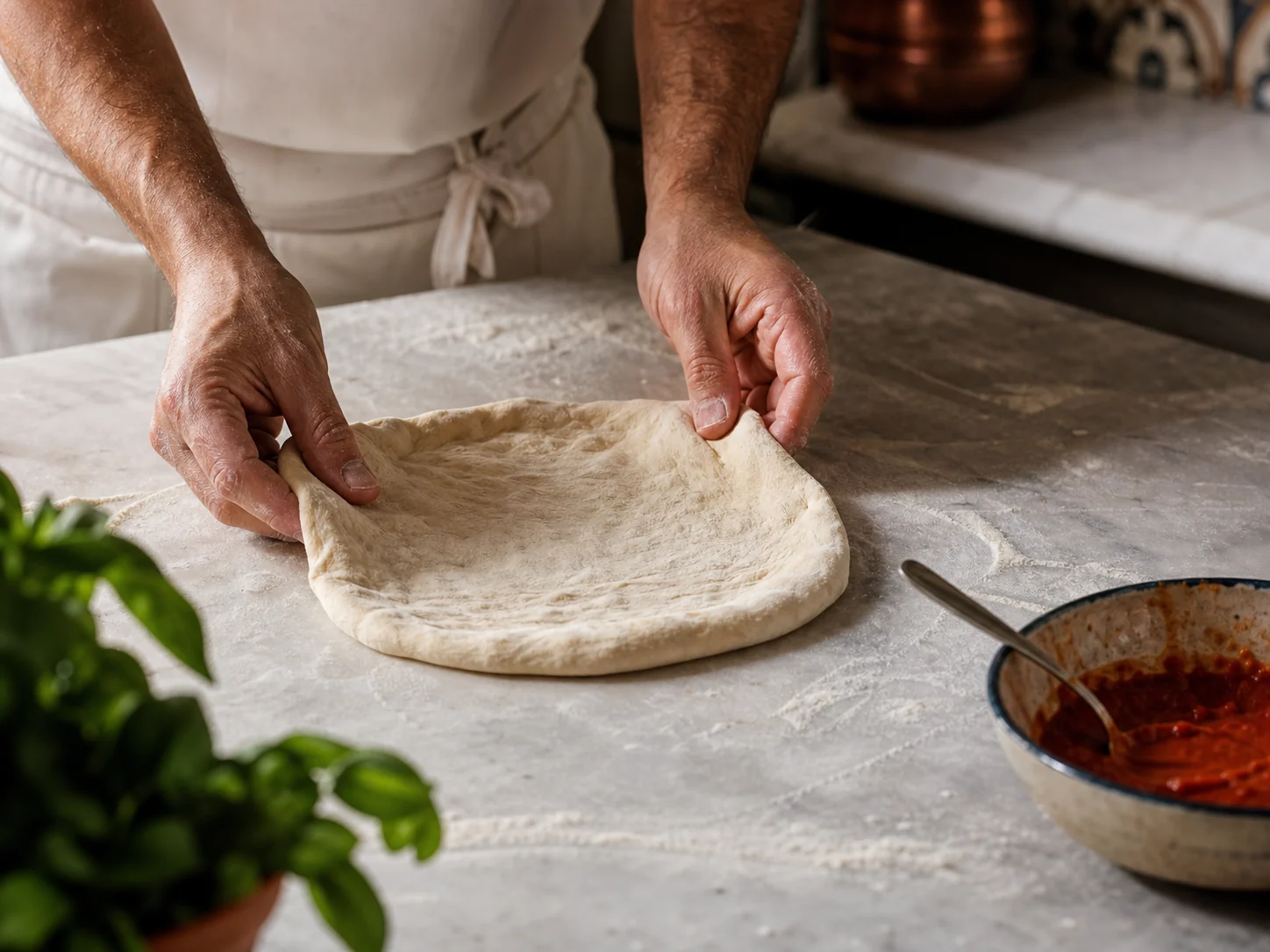 Pizza dough stretched by hand in the Playa Verde kitchen