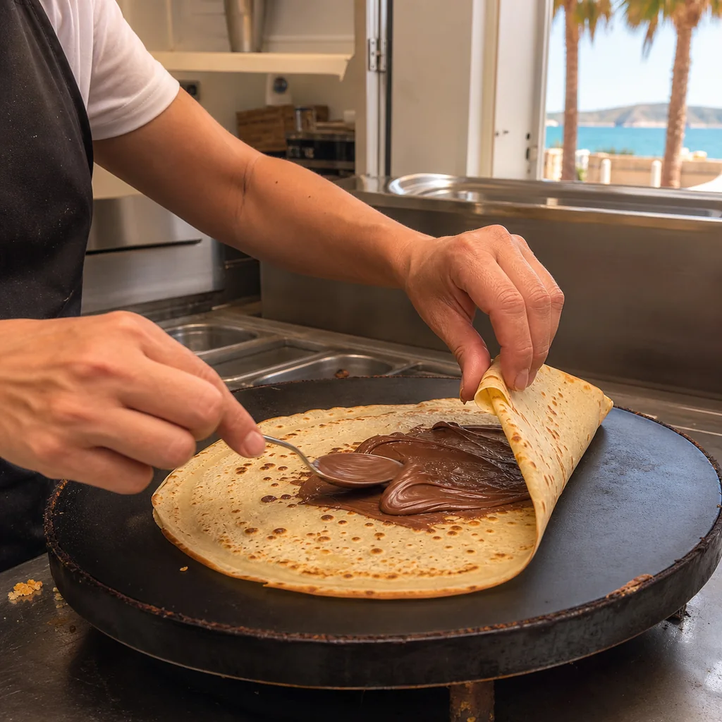 Crêpe with chocolate, ice cream and toppings in Cala Millor
